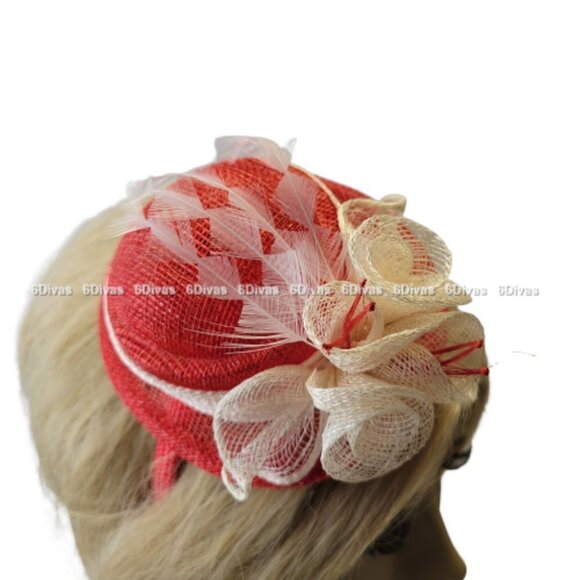 Red Top Hat Fascinator with Cream colored Feathers and Rosettes on Headband - Picture 3 of 14